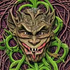 Detailed green mask-like face with ornate patterns, surrounded by purple and green tendrils