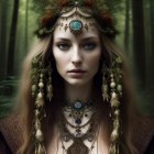 Intricate golden headdress and braided hair in mystical forest.