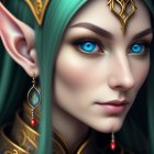 Blue-eyed elf with leaf earring and golden headpiece with ruby accents