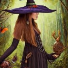 Mystical witch in purple hat with staff in foggy forest