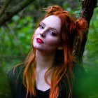 Portrait of Woman with Red Hair and Elf-like Ears in Mystical Forest