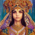 Regal headdress adorned figure in mystical aura against vibrant backdrop