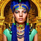 Person with Striking Blue Hair in Ancient Egyptian Style, Adorned with Gold Jewelry and Hierog