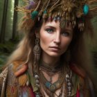 Woman with Intense Blue Eyes in Nature-Inspired Headdress and Vintage Bohemian Outfit