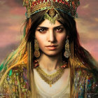 Portrait of a woman with ornate crown and intricate jewelry against warm, cloudy backdrop