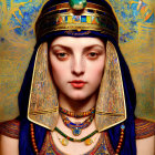 Ancient Egyptian Pharaoh Woman Artwork with Intricate Golden Jewelry