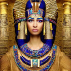 Woman's face merged with Egyptian pharaoh headdress against hieroglyph walls