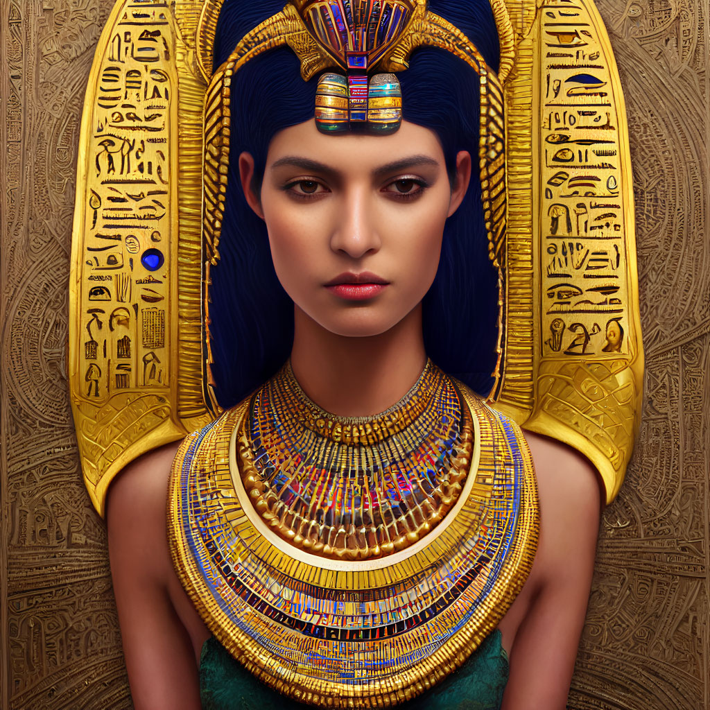 Digital artwork: Woman in ancient Egyptian style with detailed headdress and hieroglyphs