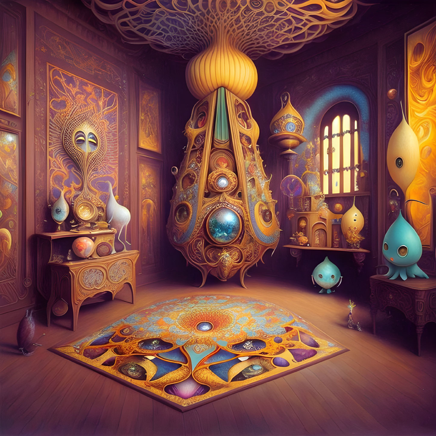 Mystical designs and whimsical creatures in vibrant room.