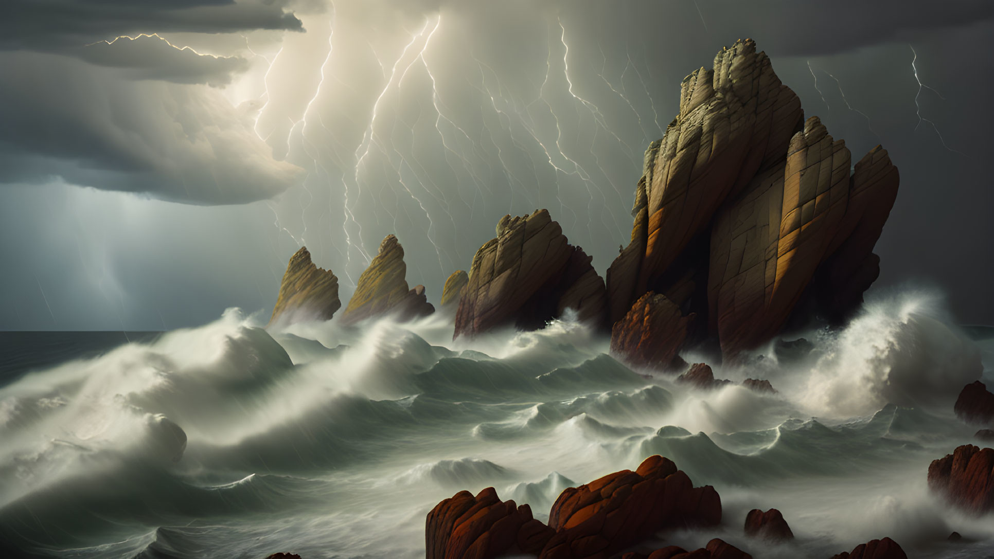 Stormy Seascape with Towering Rock Formations and Lightning Strikess