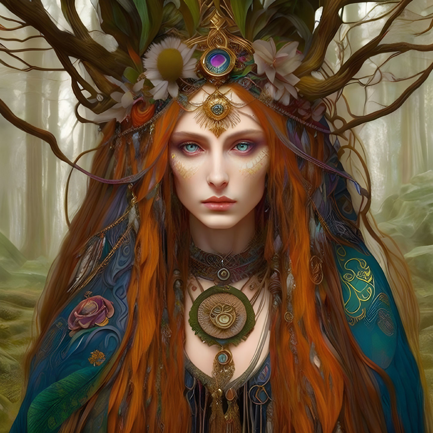 Mystical female figure with ornate antler crown in vibrant blue and orange attire