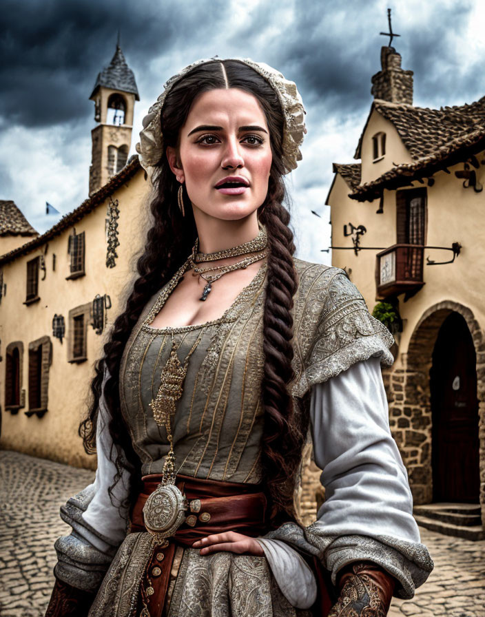 Historical costume woman with braided hair in village backdrop