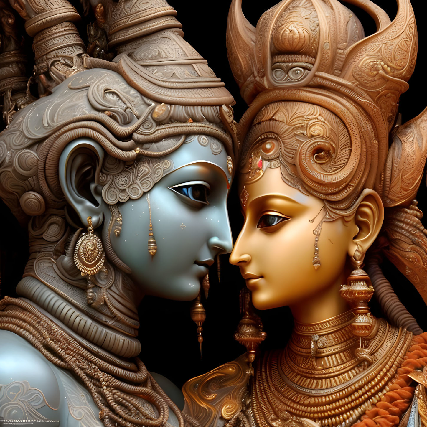 Detailed sculpture of two figures in embrace with ornate headdresses & jewelry, one with blue skin &