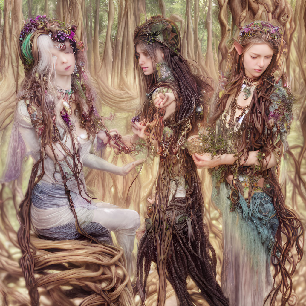 Three women in mystical forest garb with vines and branches, one seated