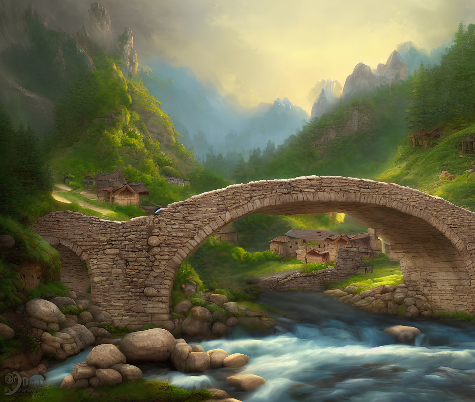 Tranquil landscape with stone bridge, river, mountains, and sunlight.