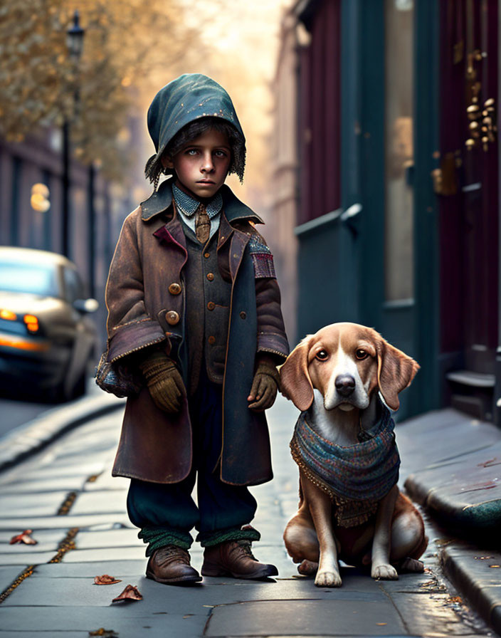 Vintage-dressed child with beagle on cobblestone street in warm ambiance