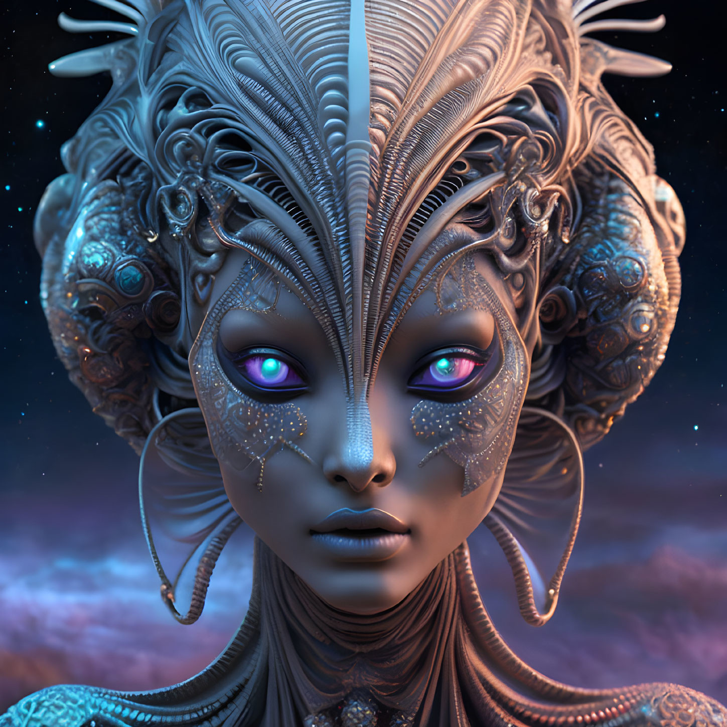 Intricate metallic headgear on figure with glowing purple eyes