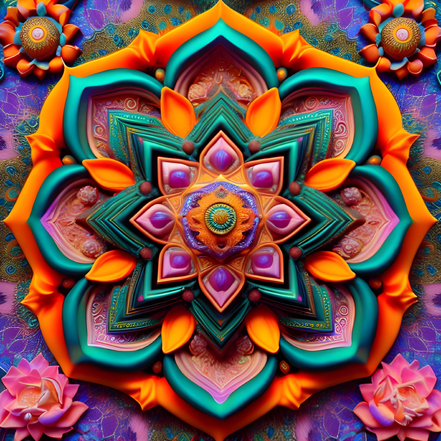 Colorful Symmetrical Digital Mandala with Floral Accents in Orange, Purple, and Teal