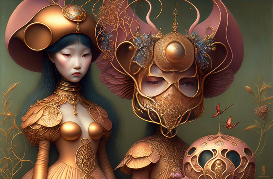 Steampunk-inspired figures with ornate headgear and metallic textures in surreal setting