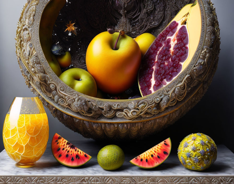 Ornate bowl with fruits, yellow glass, watermelon slices on table