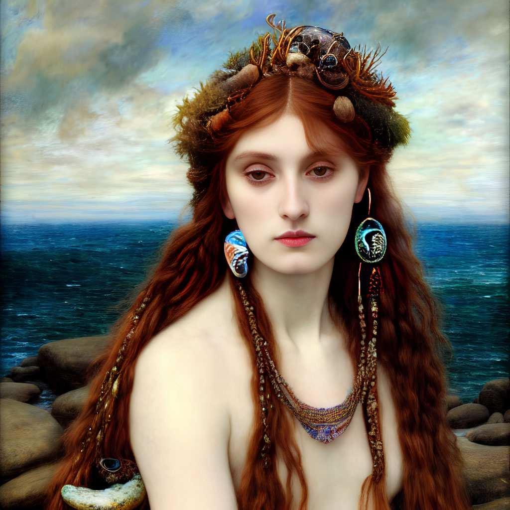 Red-haired woman with sea-themed accessories in front of ocean backdrop exudes mystical marine vibe