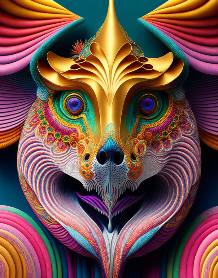 Colorful Stylized Animal Face with Golden Crown and Vibrant Patterns