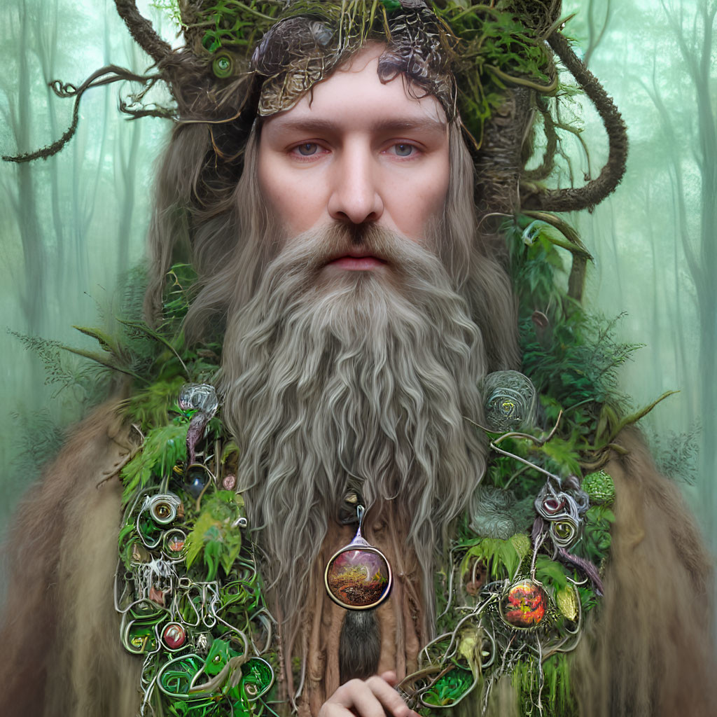 Forest spirit with leafy crown and jewelry in foggy woodland.