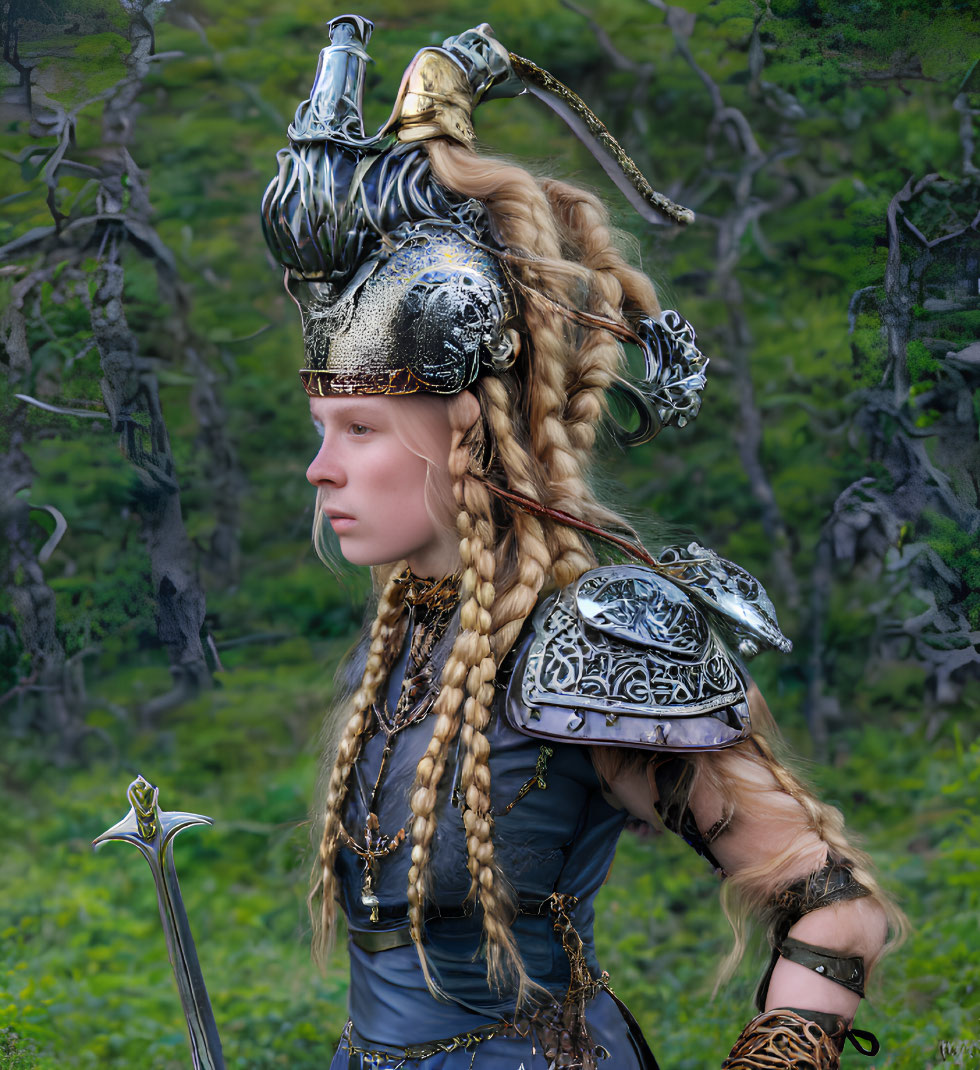 Young woman in ornate medieval armor with braided hair holding a sword hilt in a forest