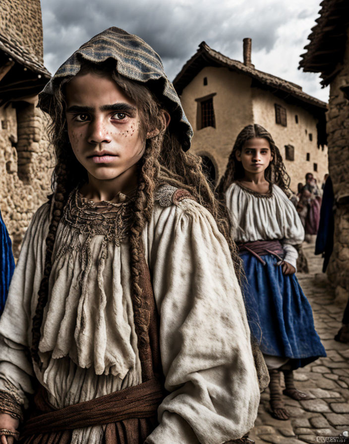 Historical peasant children in serious attire against cloudy sky.