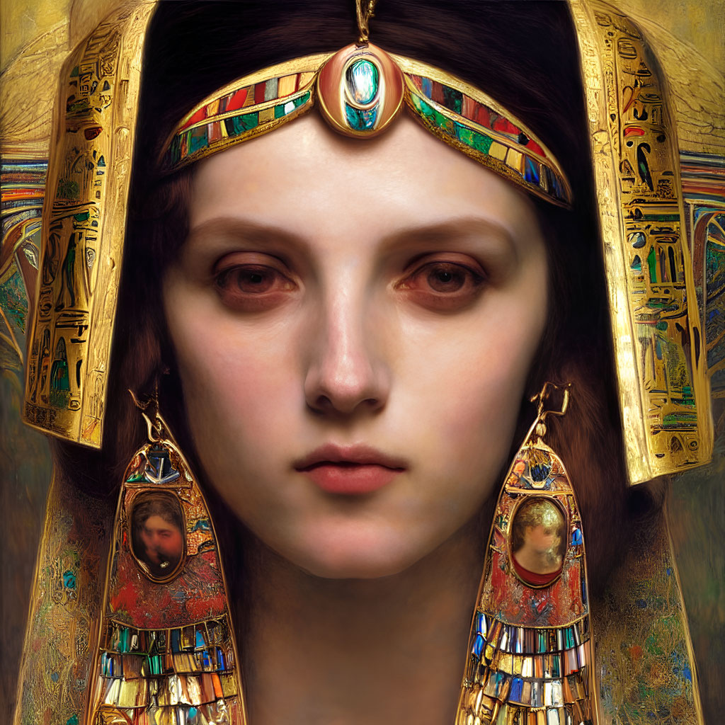 Detailed Portrait: Woman with Egyptian Headdress & Gold Adornments