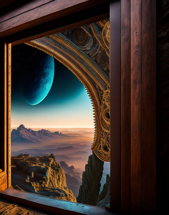 Surreal desert landscape with ornate archway and planet view