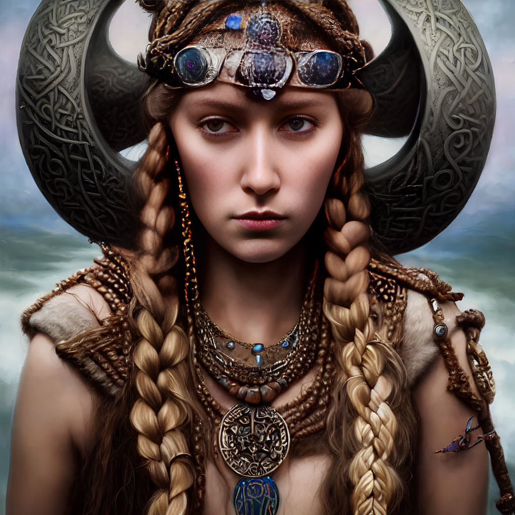 Portrait of woman with braided hair in horned helmet and jewelry against cloudy sky