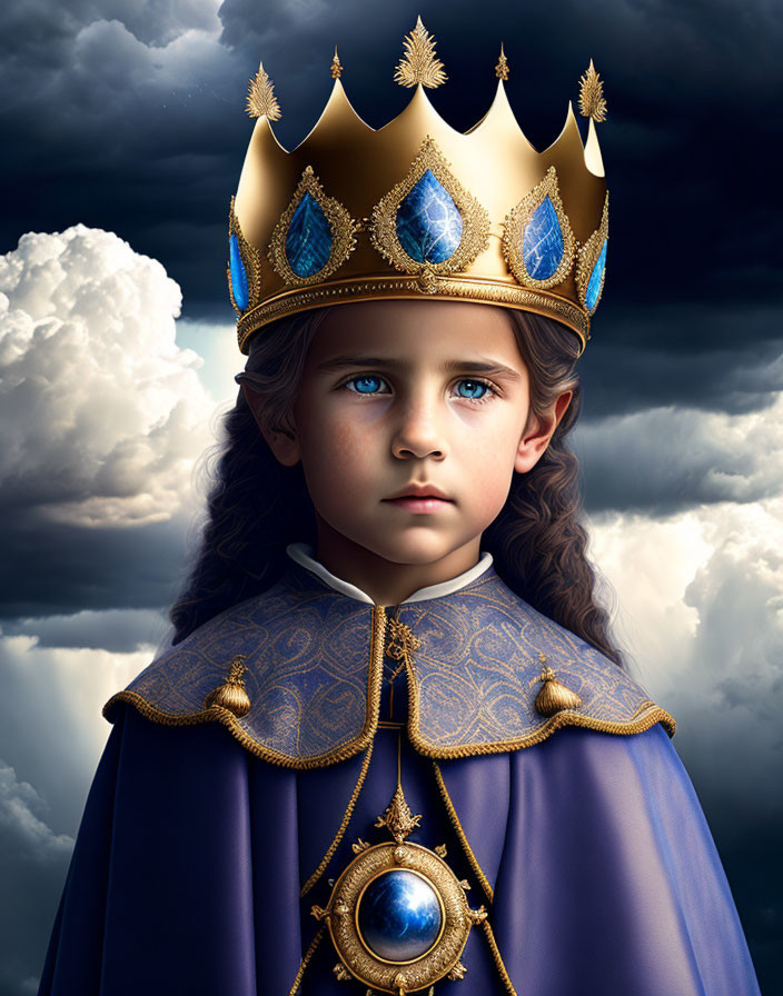 Child with piercing blue eyes in golden crown and regal blue attire under cloudy sky