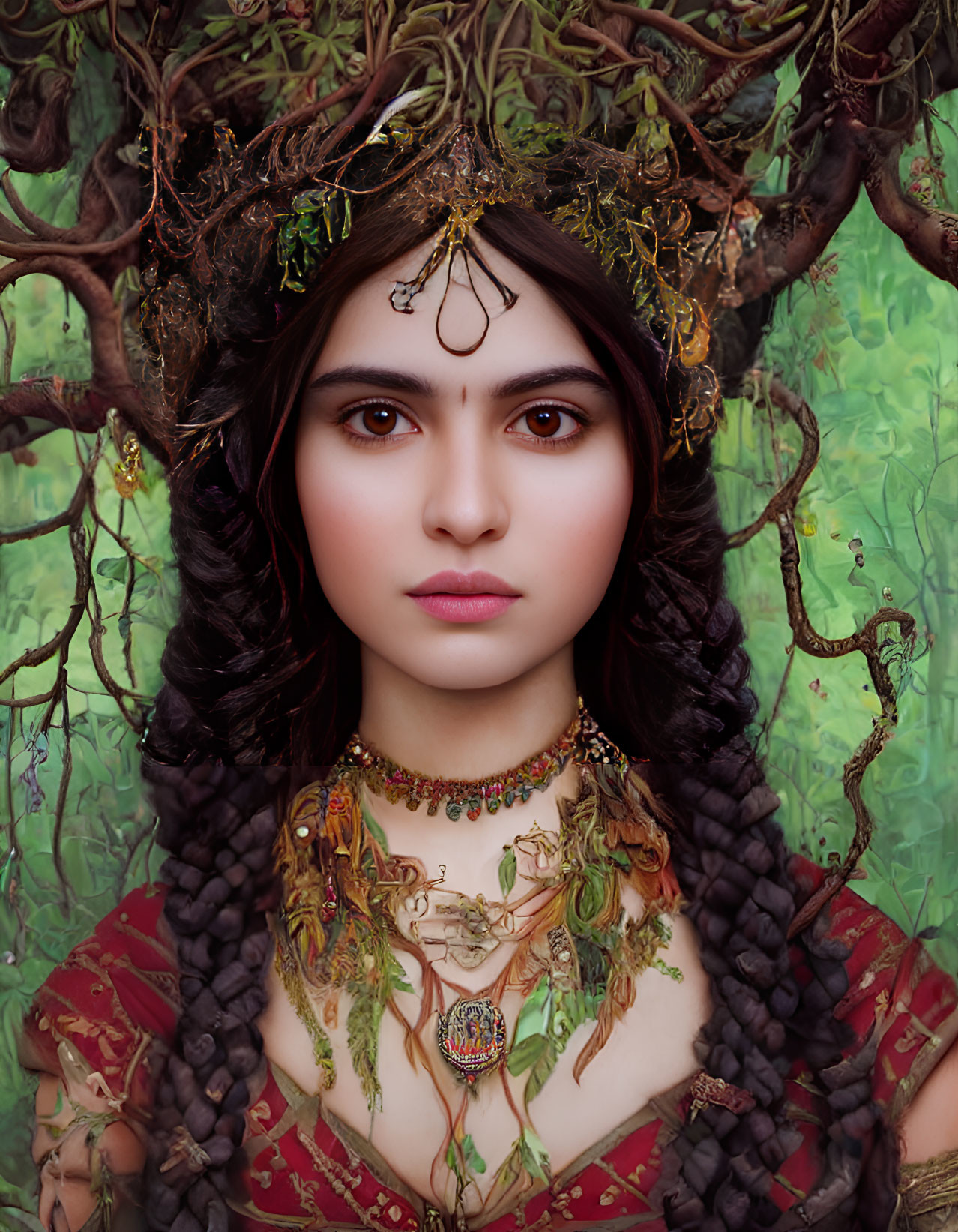 Woman with nature-inspired headpiece in forest setting