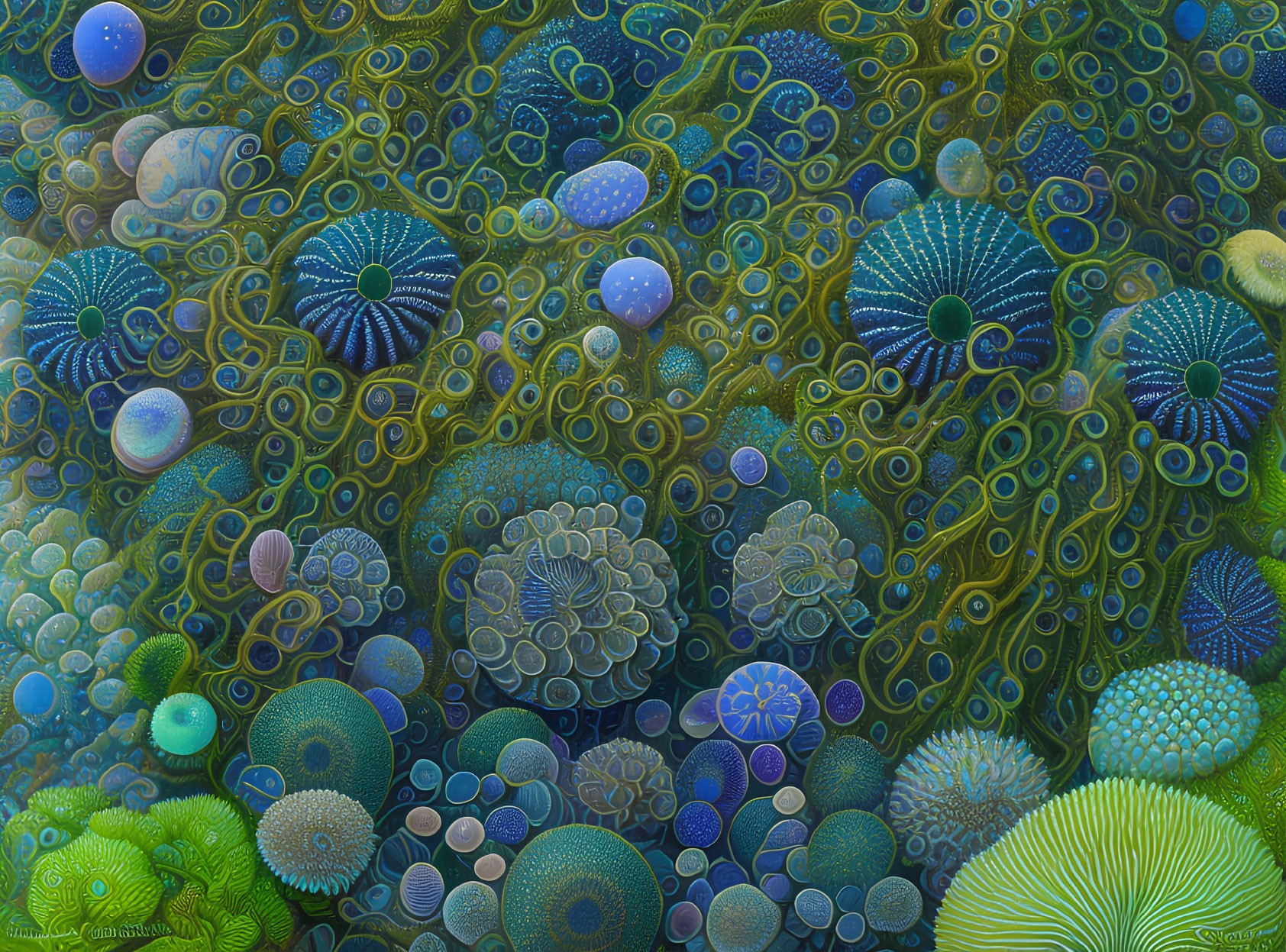 Vibrant surreal underwater painting with detailed sea life and corals