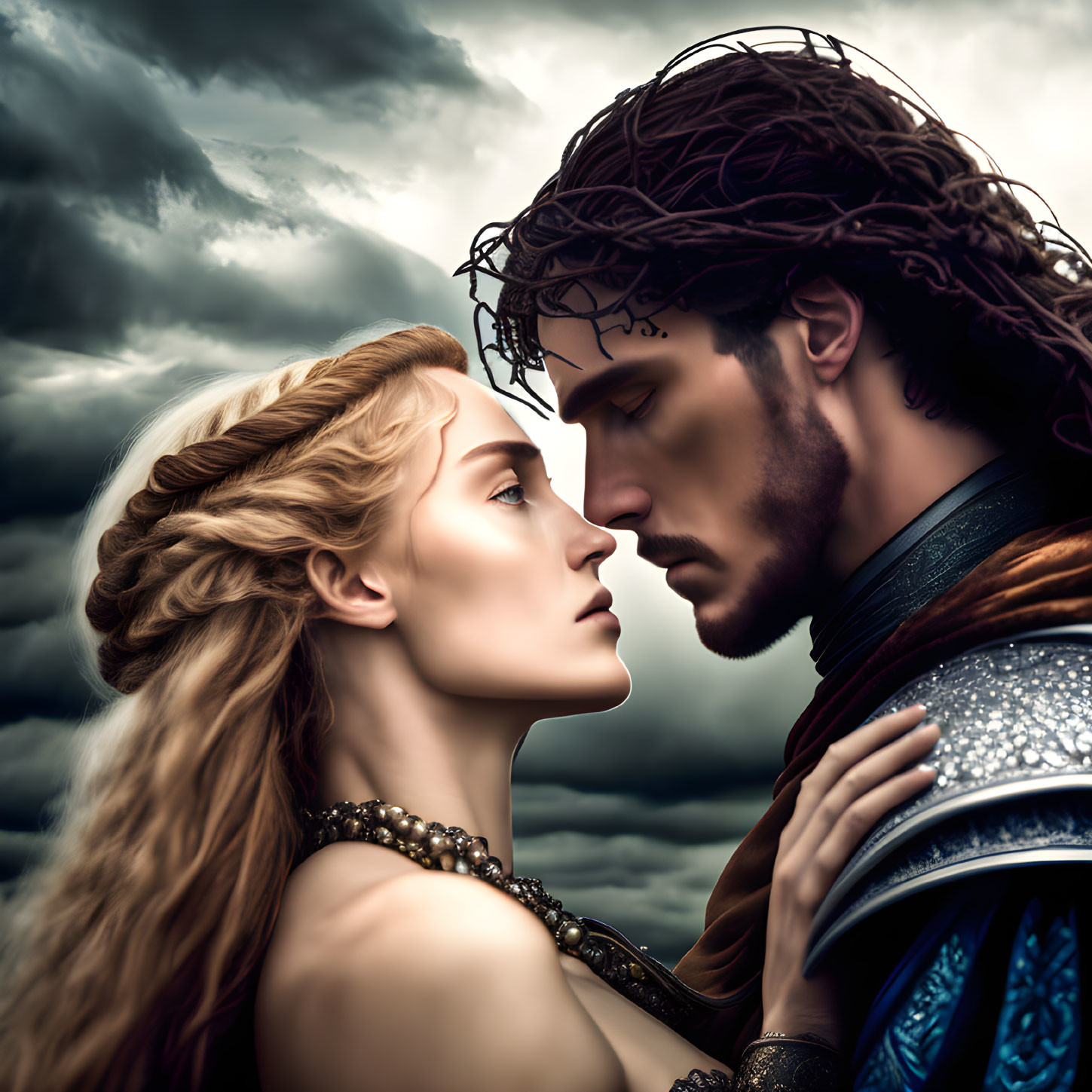 Medieval-themed digital artwork of a couple in romantic pose under dramatic sky