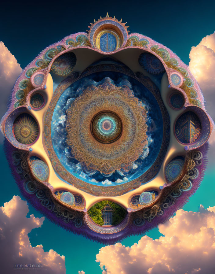 Circular Fractal Artwork with Sky, Clouds, and Green Landscape Patterns