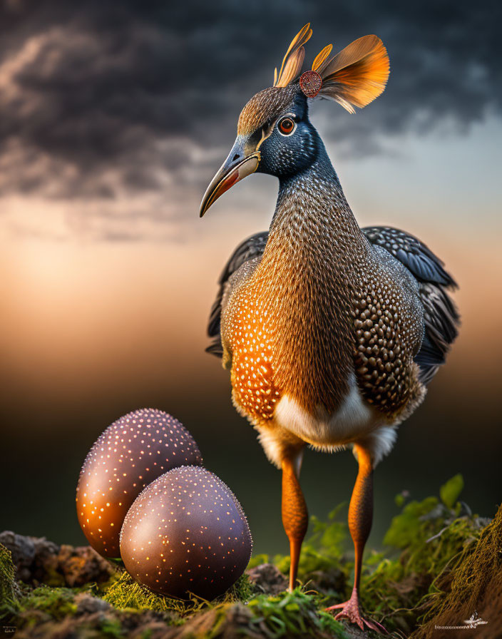 Speckled bird with ornate head feathers beside eggs at sunrise