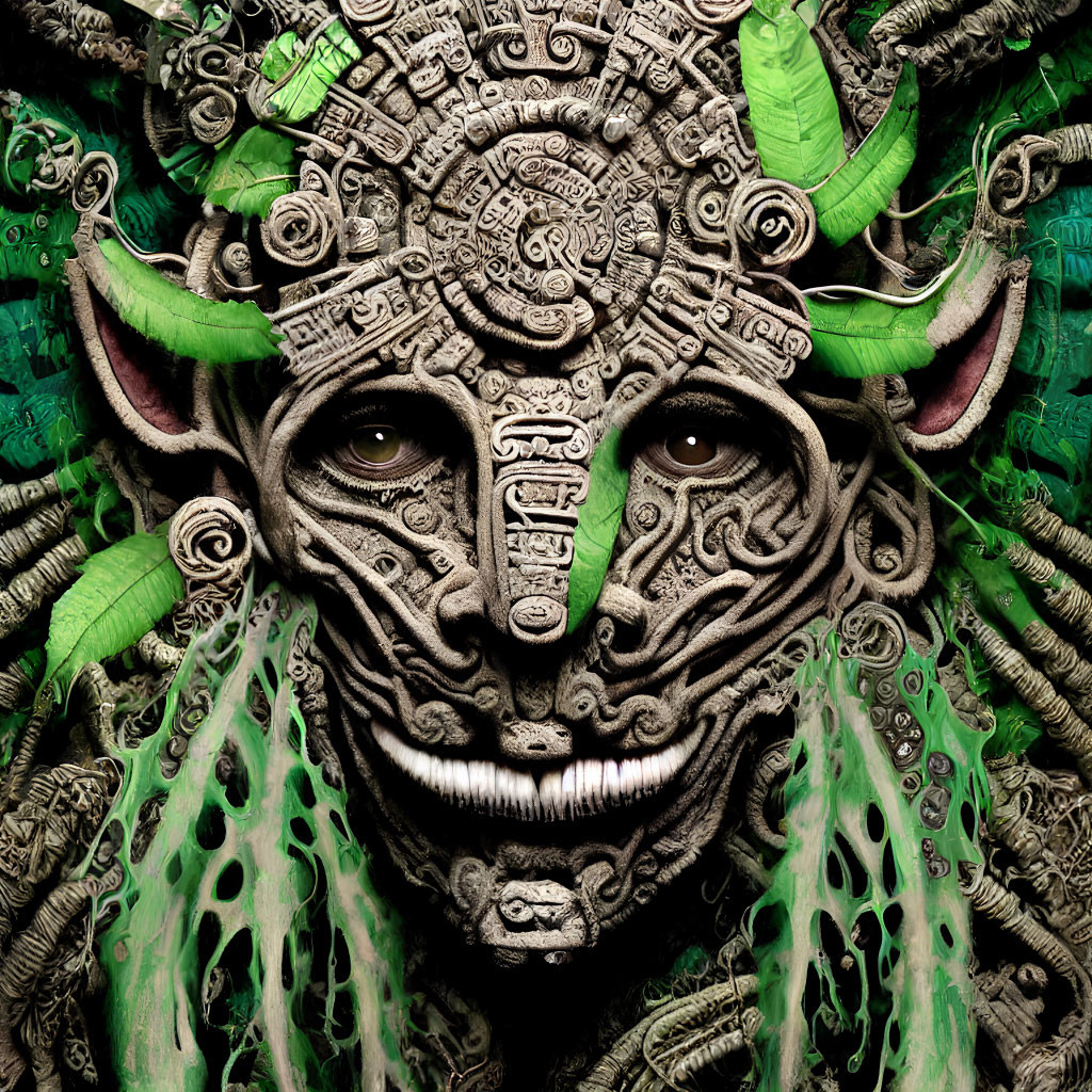 Detailed tribal carvings and piercing eyes on a mystical creature with green foliage accents