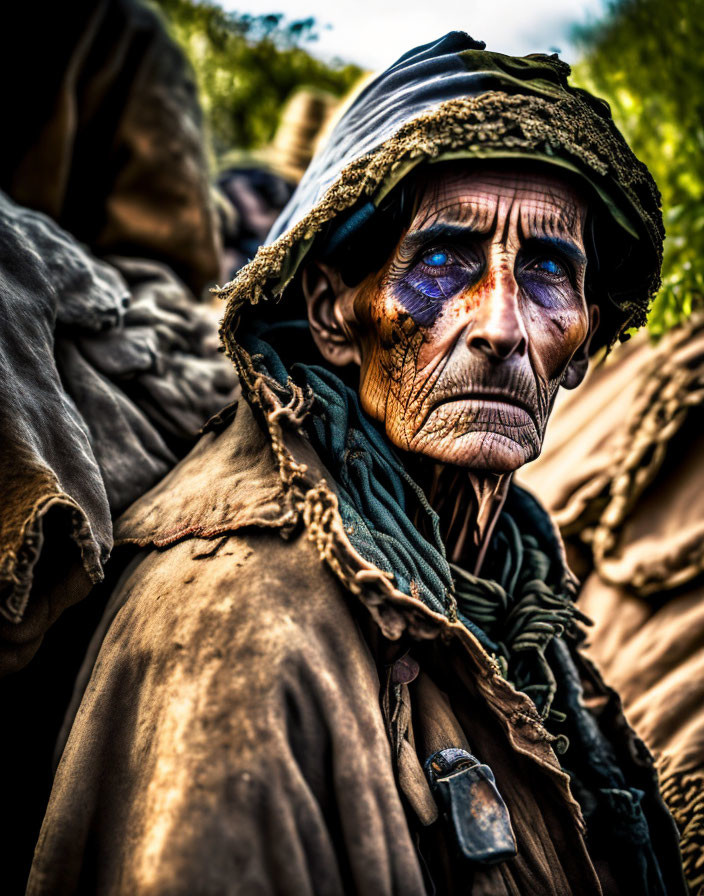 Elderly person with blue face paint, wrinkles, hat, and cloak