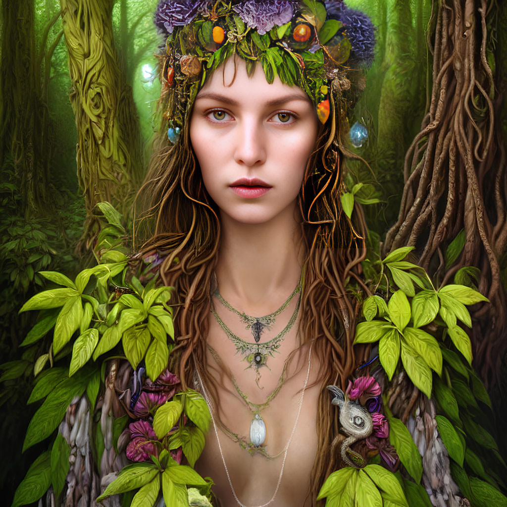 Woman with fruit and flower crown blending into lush forest