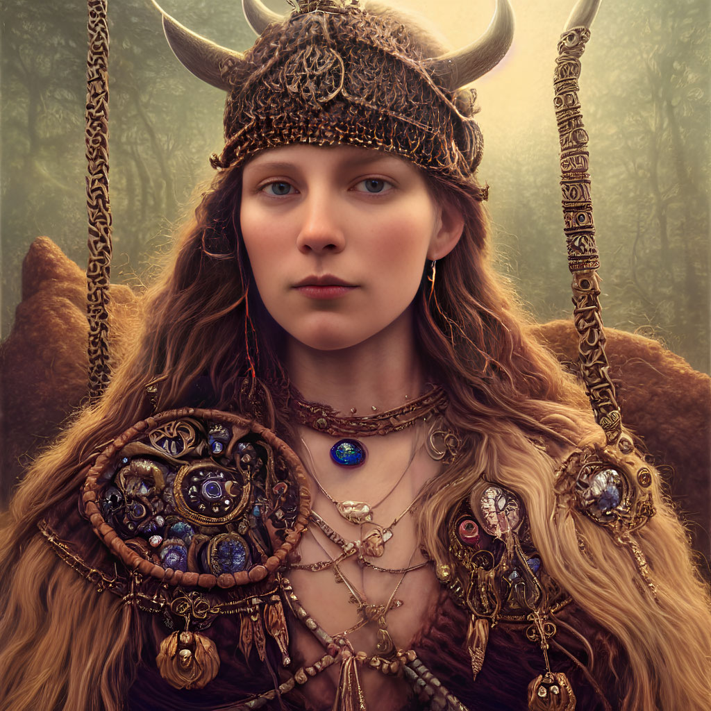 Woman in Viking-inspired costume with horned helmet and jewelry in misty forest.