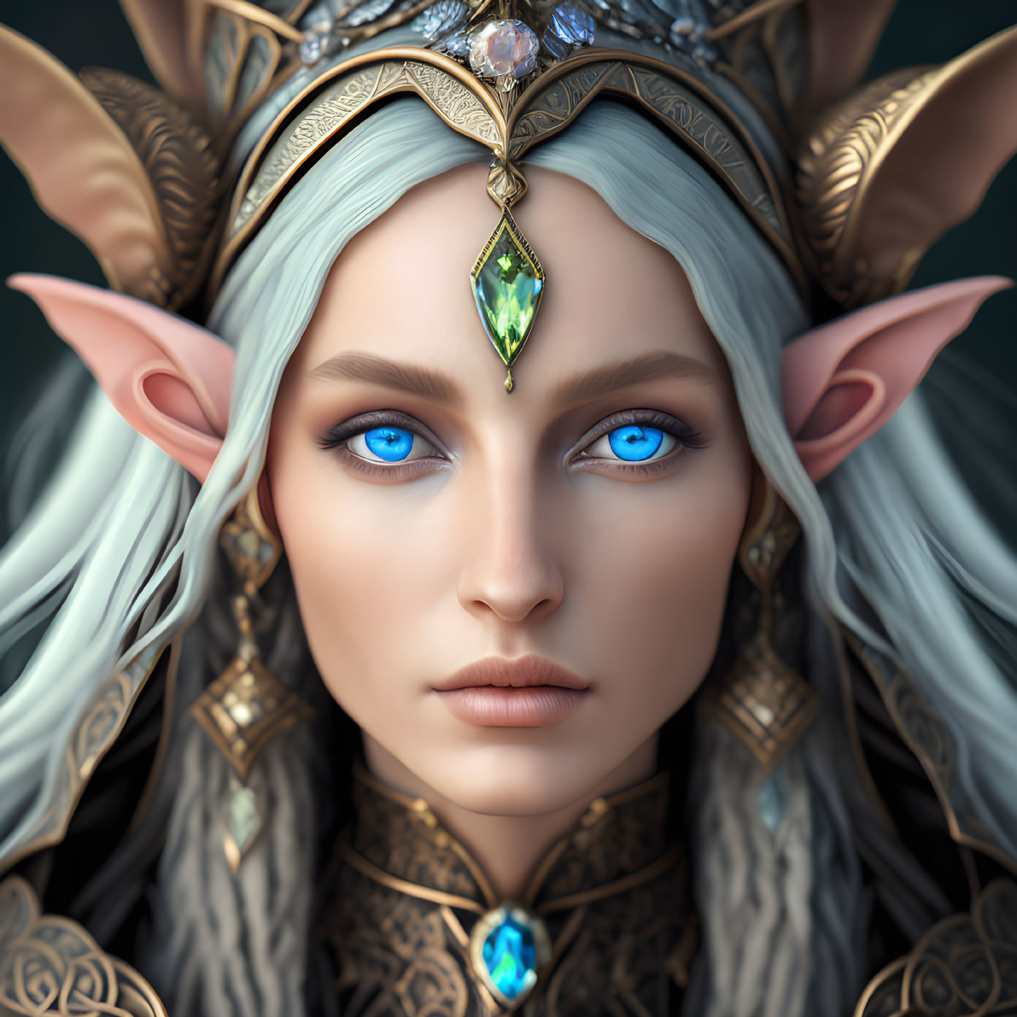 Digital artwork: Elf with blue eyes, pointy ears, gold headpiece & green gem.