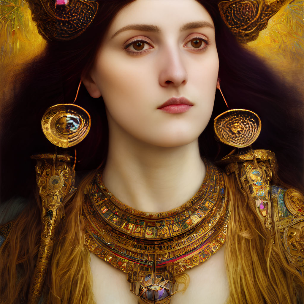 Detailed Portrait of Woman with Striking Gaze and Ornate Gold Armor