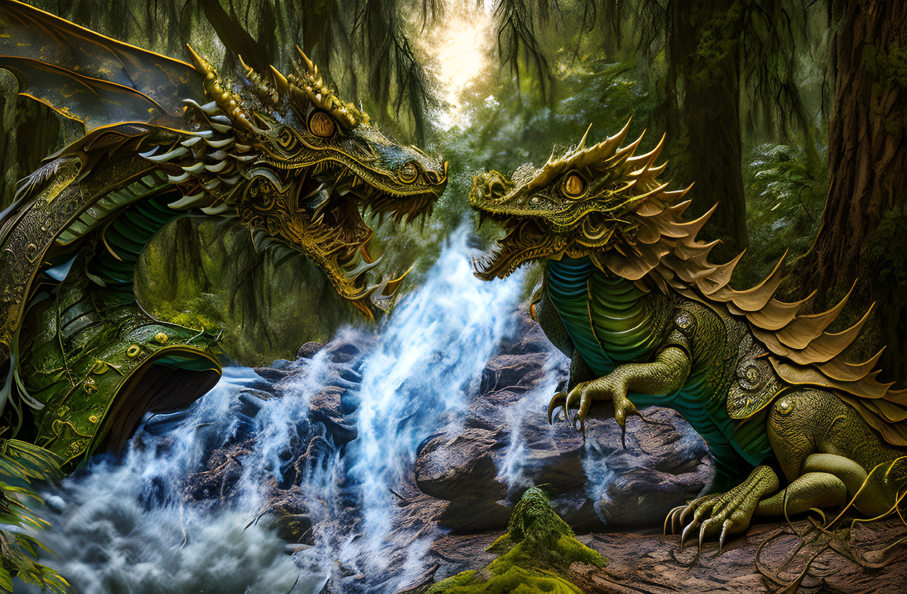 Ornate dragons in mystical forest with rushing stream