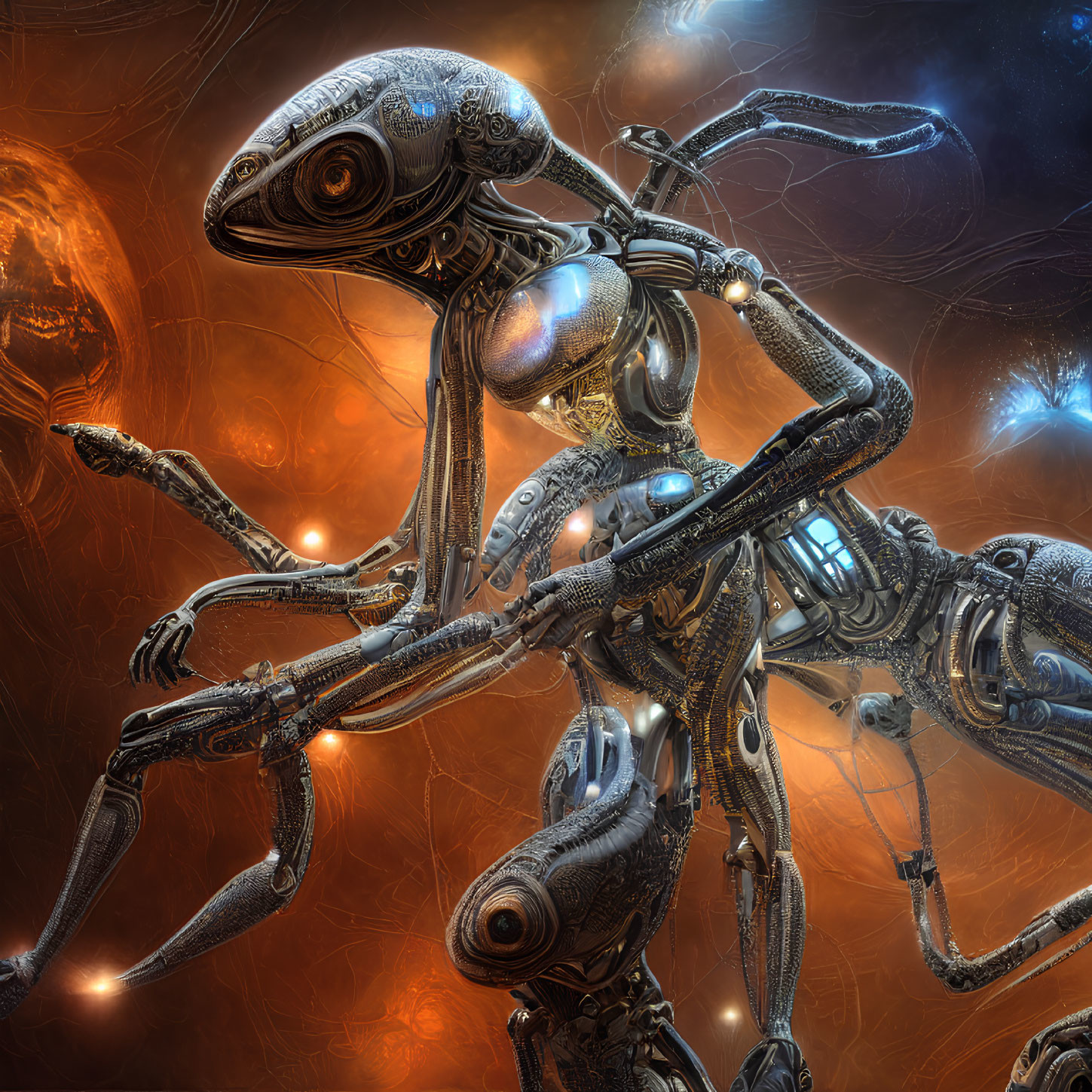 Detailed Alien Robotic Lifeform Against Cosmic Backdrop with Orange Hues