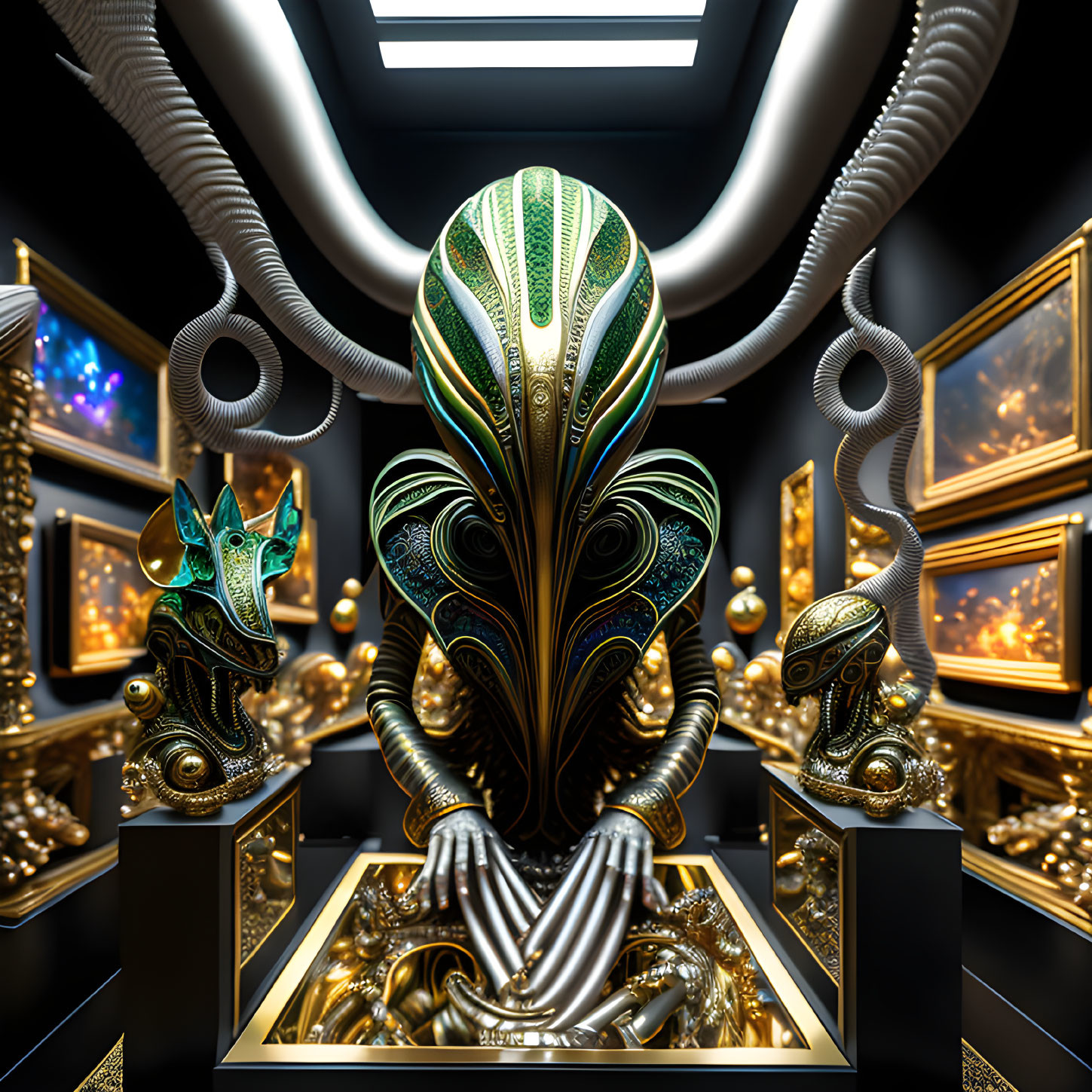 Golden sculptures and metallic tentacles around an ornate mask in a futuristic display