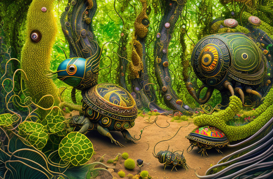 Vibrant surreal forest with whimsical mechanical creatures and sentient trees