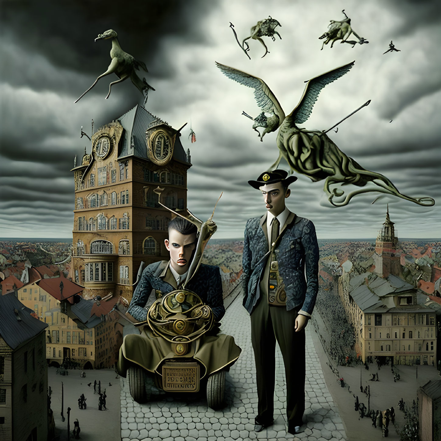 Surreal vintage attire men in cityscape with flying reptiles & clock tower