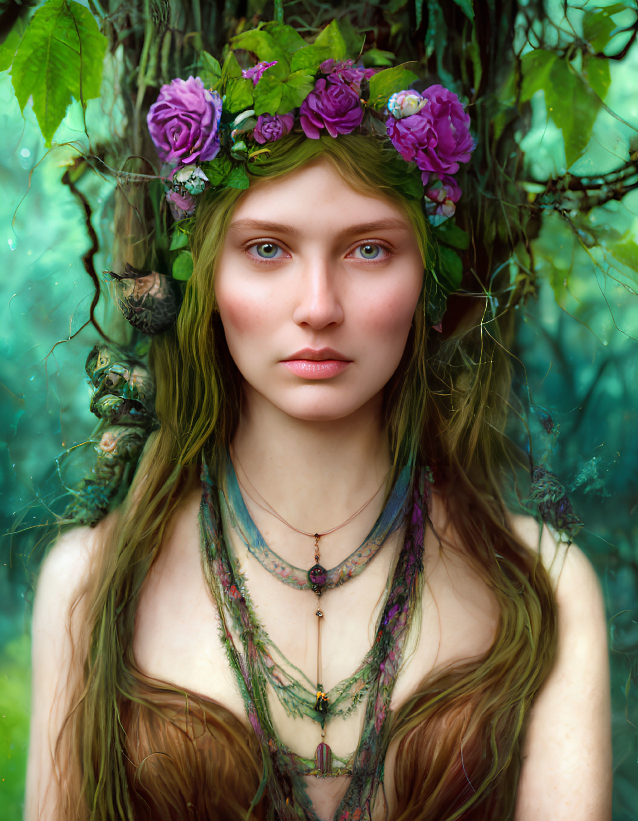 Woman wearing floral crown and nature jewelry in mystical forest